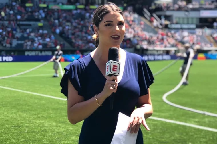 Marisa Pilla in her ESPN NWSL debut on July 14, at Providence Park in Portland, Oregon, for the game between the Thorns and Orlando Pride.