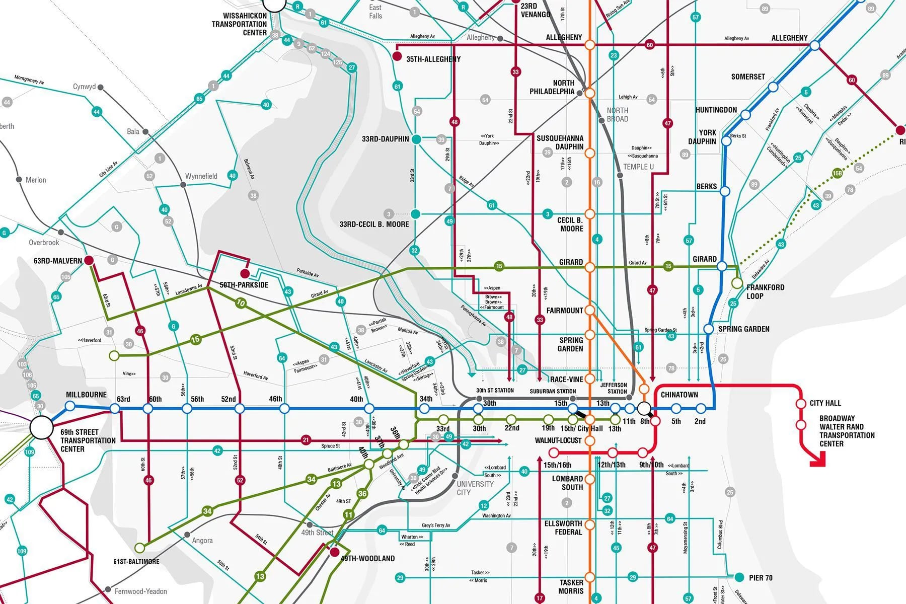 SEPTA's new bus system map uses color and lines of different thickness...
