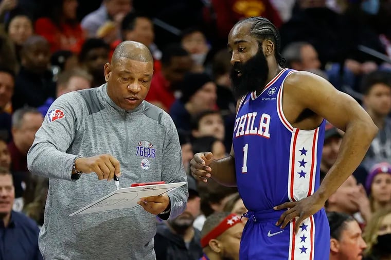 Sixers guard James Harden with Head Coach Doc Rivers against the Cleveland Cavaliers on Friday, March 4, 2022 in Philadelphia.