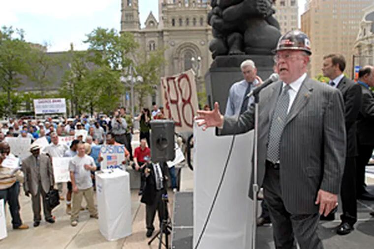 Joe Dougherty, business manager of the ironworkers, addresses a rally in favor of the Philadelphia casinos on May 9, 2007.