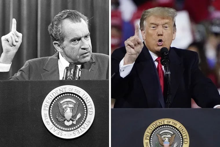 With the 50th anniversary of the Watergate break-in looming, America has had to determine whether presidents Richard Nixon (l., from 1973) and Donald Trump (at 2020 rally) were above the law.