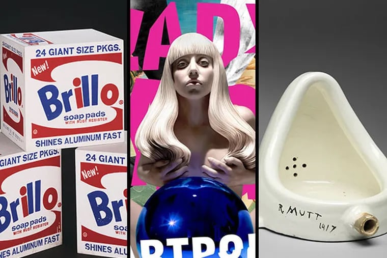 Andy Warhol's Brillo Boxes, 1964; cover art for Lady Gaga's ARTPOP, and Marcel Duchamp's 1917 Fountain.