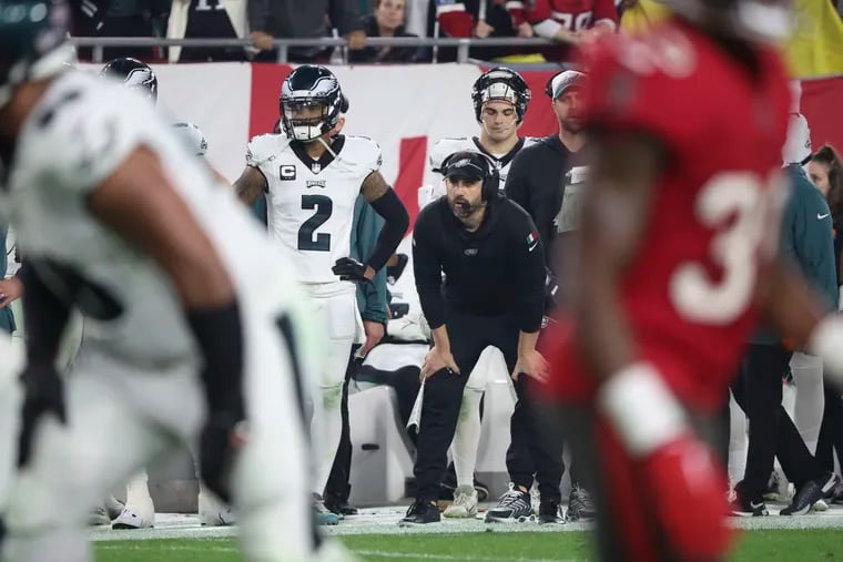 Philadelphia Eagles Head Coach Nick Sirianni watches the Philadelphia Eagles go for it unsuccessfully on the fourth down, in the fourth quarter against the Tampa Bay Buccaneers in the wild-card round of the NFL playoffs at Raymond James Stadium in Tampa , Fla. on Monday, Jan. 15, 2024.