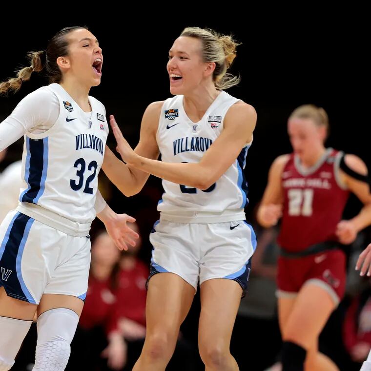 Villanova’s Bella Runyan is congratulated by Maddie Burke after hitting a 3-pointer giving Villanova a 9-point lead in the second quarter of the quarterfinal round of the WBIT tournament at Finneran Pavilion on Thursday, March 28, 2024, in Villanova.