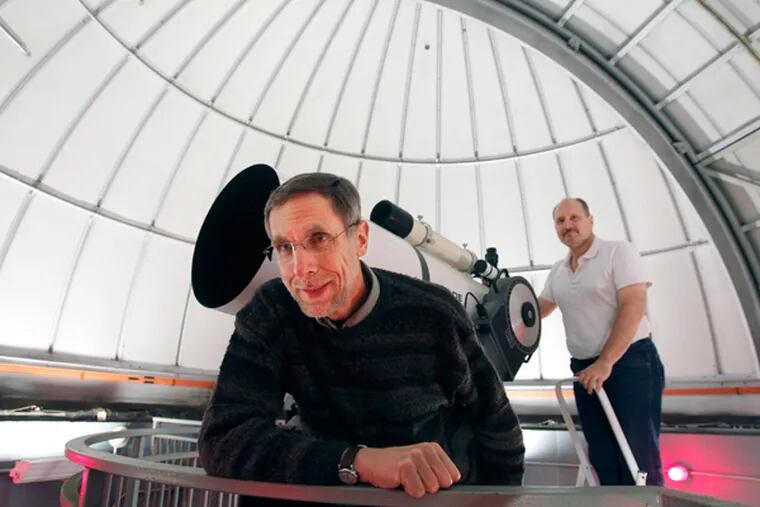 Harry Augensen (left) and Martin Schultz with their 16-inch telescope at Kirkbride Hall. (Ron Cortes / Staff Photographer)