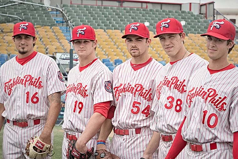 Reading Phillies pitchers (left to right) Zach Eflin, Ben Lively, Jessie Biddle, Tom Windle and Aaron Nola. (Ed Hille/Staff Photographer)