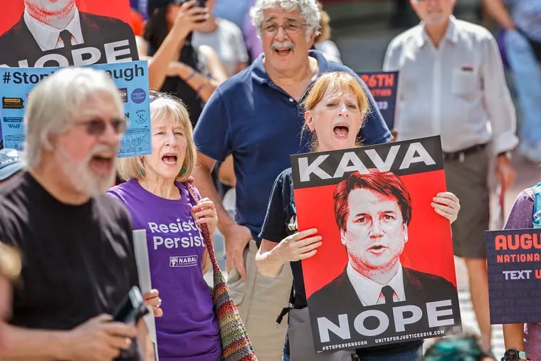 A protest Sunday against President Trump&'s appointment of Brett Kavanaugh to the Supreme Court attracted more than 200 participants to the late-morning rally in Center City.