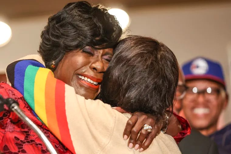 Cherelle Parker hugs Marian Tasco, her mentor and a former member of City Council, at her election night party at the Sheet Metal Workers Local 19 on Tuesday. The Democrat, who was elected to be the city's 100th mayor, will be the first woman to hold the office.