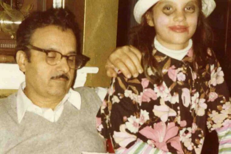 Maria Panaritis, above, dressed in a Halloween costume, with her father. At lower left, a young 13-year-old is ready to hit the court and, lower right, a handwritten note reminding her of what had happened during a game.