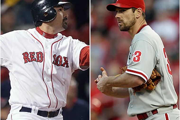 Cliff Lee will face a Boston lineup led by Adrian Gonzalez tonight at Citizens Bank Park. (AP file photos)