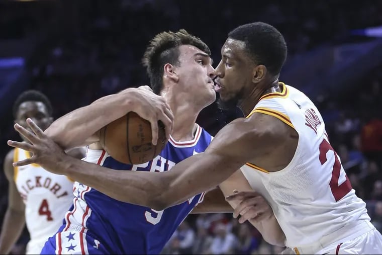 Dario Saric drives in on the Pacers’ Thaddeus Young during the third quarter of the Sixers’ 101-98 loss Tuesday night.