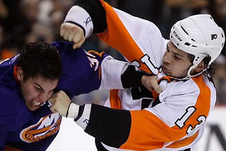 Dan Carcillo finds his role on the Flyers a bit uncertain with the team's offseason additions. (AP Photo/Matt Slocum)