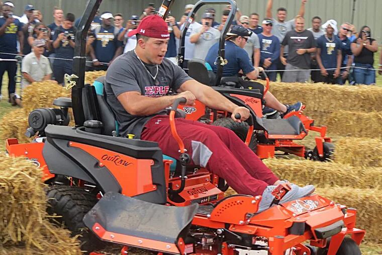 Temple running back Rob Ritrovato participated in Monday’s lawn mower competition.