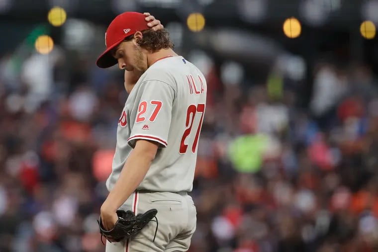 The Giants jumped to a three-run lead with four consecutive hits against Phillies starting pitcher Aaron Nola to open the third inning.