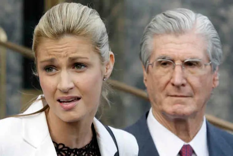 ESPN reporter Erin Andrews, with attorney Marshall Grossman, talks with reporters outside the L.A. courtroom where Michael David Barrett pleaded guilty to one count of stalking her.