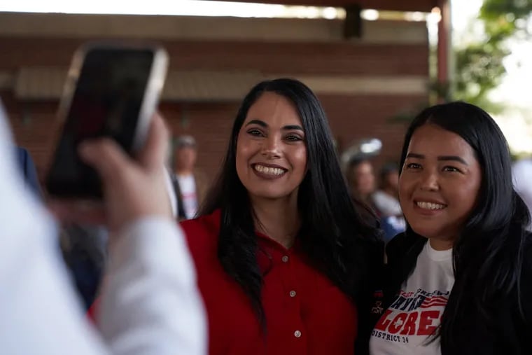Former U.S. Rep. Mayra Flores, a Texas Republican pictured with a supporter in 2022, is a featured speaker at the launch of The Libre Initiative's Pennsylvania chapter in Philadelphia on Thursday.