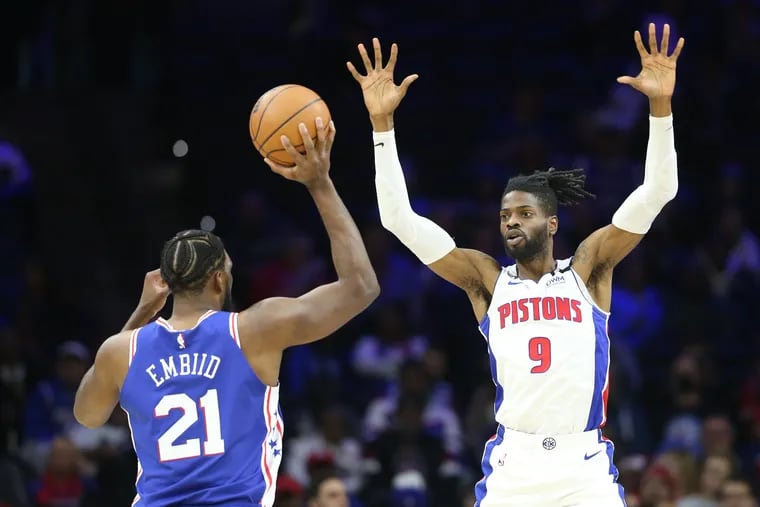 Former teammates, Joel Embiid (left) of the Sixers and Nerlens Noel of the Pistons during their game at the Wells Fargo Center on Jan. 10.