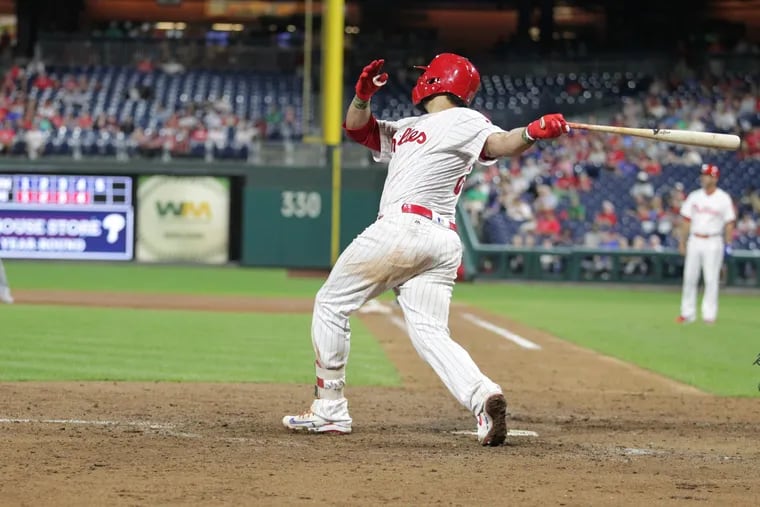 Jorge Alfaro of the Phillies hits a 3-run home run against the Mets at Citizens Bank Park on Sept. 18, 2018.