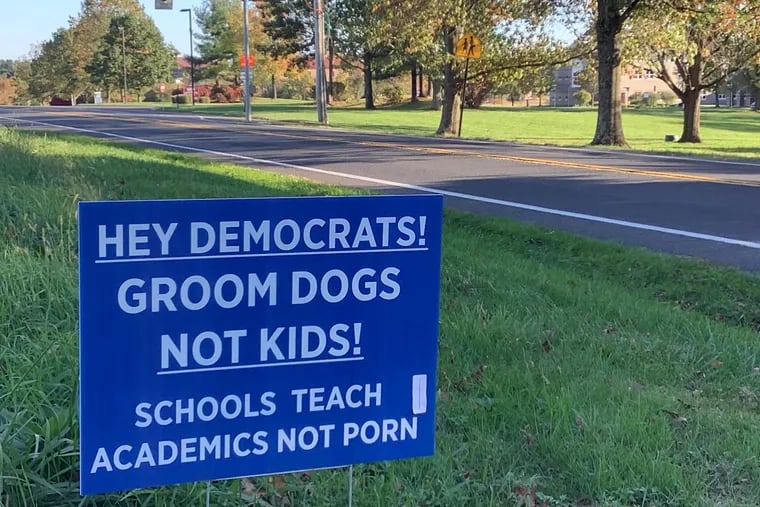 Bucks County Democrats are seeking a court order authorizing the removal of campaign signs like this one in the Central Bucks School District. The county's Democratic Committee says the signs, which don't have valid disclaimers on who paid for them, violate state law.