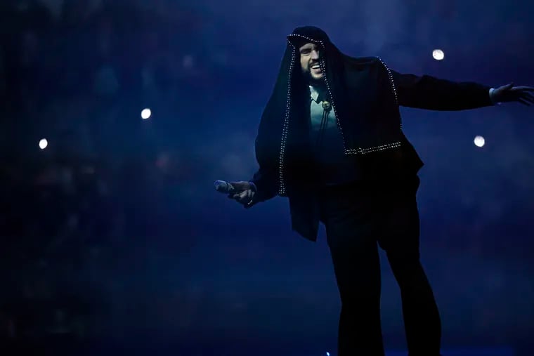 Bad Bunny performs during his Most Wanted Tour stop at the Wells Fargo Center in Philadelphia on Friday, April 19, 2024.