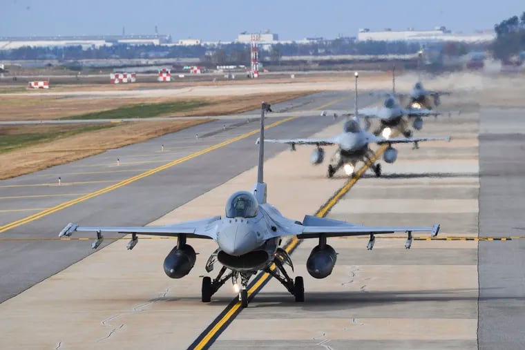 In this photo provided by the South Korea Defense Ministry, South Korean Air Forces' KF-16 fighters prepared to take off during a joint aerial drills called Vigilant Storm between U.S and South Korea, in Gunsan, South Korea, on Monday.