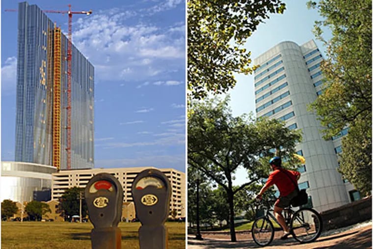 At left, Revel Entertainment Group's unfinished $2.5 billion casino resort project in Atlantic City. At right, a bicycle rider passes the Johnson & Johnson headquarters in downtown New Brunswick. (Tom Gralish/Staff; Emile Wamsteker/Bloomberg News)