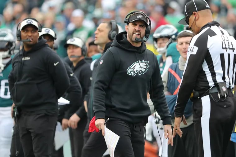 Eagles coach Nick Sirianni reacts after a touchdown was called back on a penalty in the third quarter against the Saints.