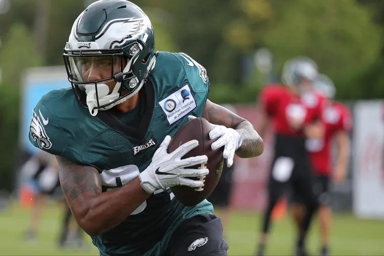 Eagles' Donnel Pumphrey turns up field after catching a pass during Eagles Training Camp at the NovaCare Complex in Philadelphia, PA on August 1, 2018. DAVID MAIALETTI / Staff Photographer