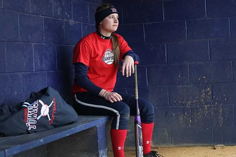 Washington Township High School softball player Jess Hughes, who is a Fordham recruit, pauses during practice on March 31, 2015. Hughes batted .630 last season. (David Maialetti/Staff Photographer)