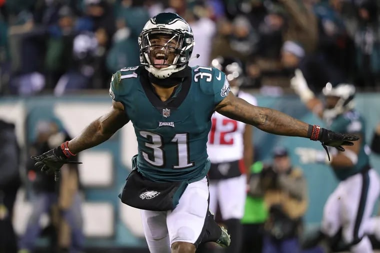 Jalen Mills celebrates after breaking up a pass intended for the Falcons' Julio Jones during the Eagles' win over Atlanta in the playoffs last season.