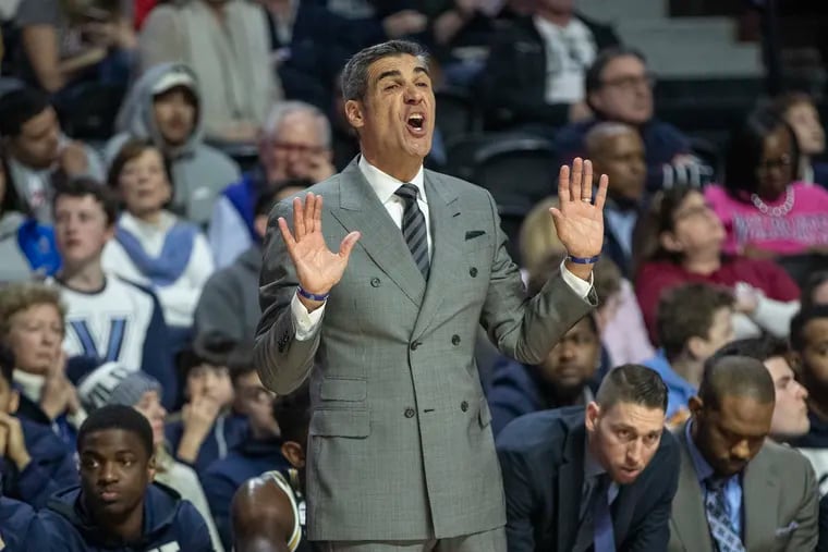 Villanova head coach Jay Wright yells instructions to his team during the first half in the game against the Temple Owls at the Liacouras Center on February 16, 2020.  .