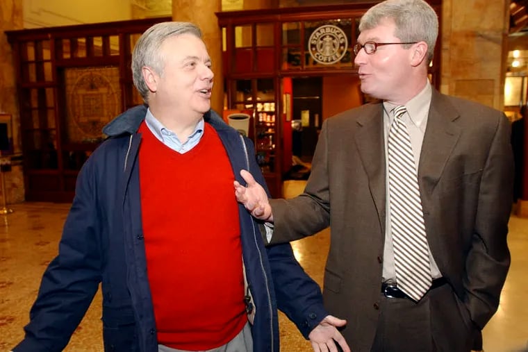 Former State Sen. Vincent J. Fumo (left) pictured with labor leader John J. Dougherty in 2004 at the Palm. Fumo was instrumental in creating a civic nonprofit called Interstate Land Management Corporation, which has received millions of dollars in taxpayer money over the years to fund upkeep of state-owned land under Interstate 95 along the Delaware River waterfront. Dougherty later became the board chairman.