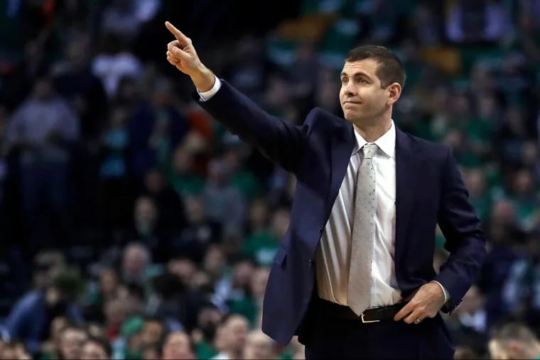 Celtics coach Brad Stevens calls to his players during the first quarter against the Bucks in Game 5 of an NBA basketball first-round playoff series in Boston, Tuesday, April 24, 2018.