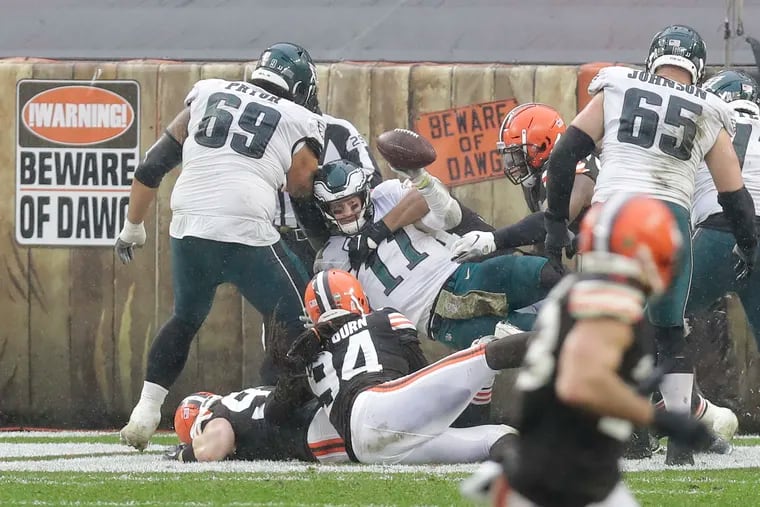 Eagles quarterback Carson Wentz was taken down for a third-quarter safety against the Cleveland Browns on Sunday.