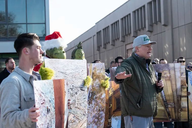 John J. Dougherty speaks during a protest outside of a non-union construction site at 401 Race Street on Thursday.