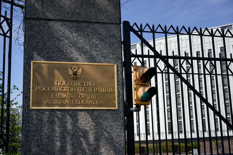 The entrance gate of the Embassy of the Russian Federation is seen in Washington.