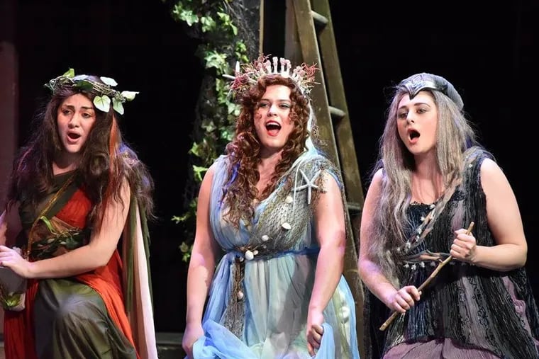 In the current Academy of Vocal Arts production of Strauss’ Ariadne auf Naxos, Gabriela Flores as Dryad, Meryl Dominguez as Naiad, and Alexandra Razskazoff as Echo.