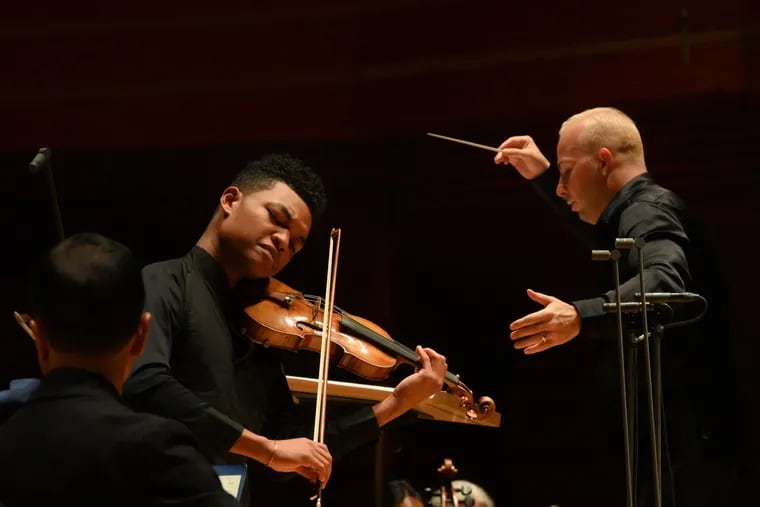 Violinist Randall Goosby performing one of Florence Price's violin concertos with the Philadelphia Orchestra, Yannick Nezet-Seguin conducting, Oct. 6, 2022 in Verizon Hall.