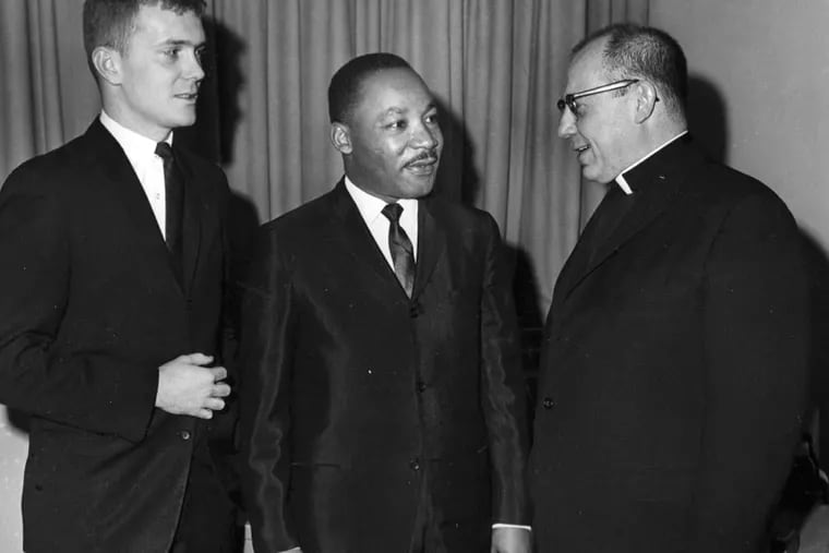 Tom Furst, student body president, (at left) and the Rev. John A. Klekotka, the president of Villanova University, (at right) welcome Dr. Martin Luther King Jr. to Villanova on Jan. 20, 1965.