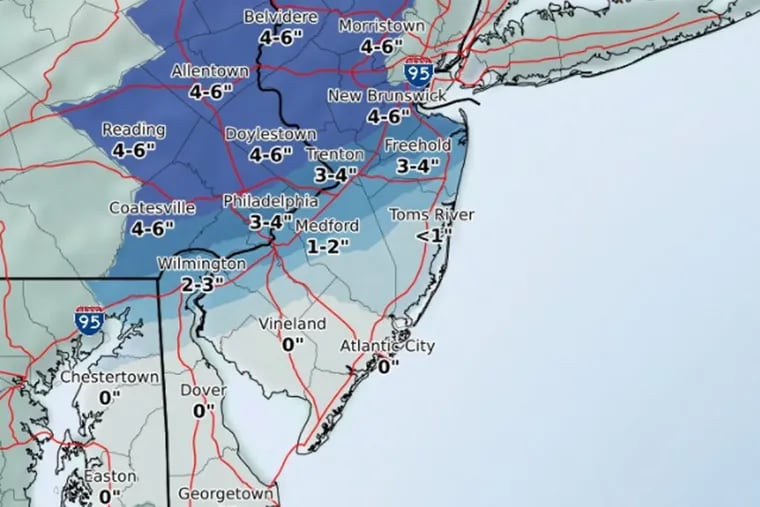 A snowfall totals map from the National Weather Service in Mouth Holly from Saturday afternoon.