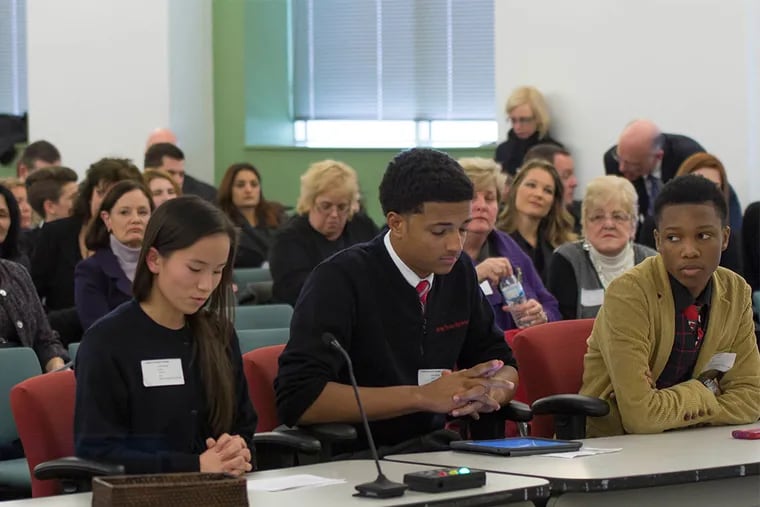 Students from the String Theory Charter School Arts program made comments during a charter school application hearing by the School District of Philadelphia.