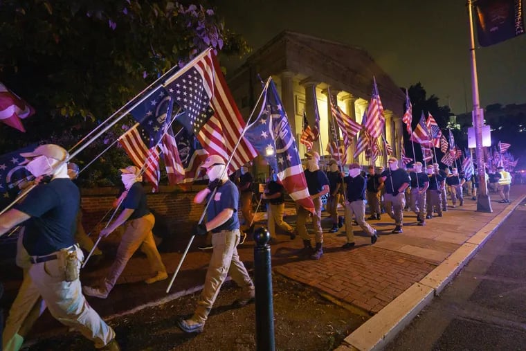 Members of the Patriot Front, a white supremacist group, march in Philadelphia on July 3.