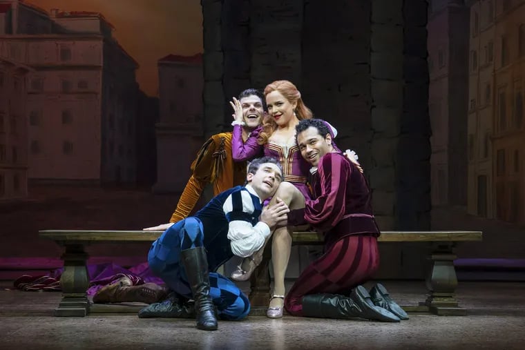 (Left to right:) Will Burton, Rick Faugno, Stephanie Styles, and Corbin Bleu in "Kiss Me, Kate" at the Roundabout Theatre Company, Studio 54, New York.