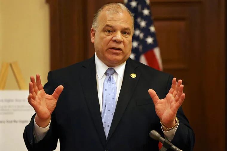 New Jersey Senate President Steve Sweeney addresses a gathering at the Statehouse on May 4, 2016, in Trenton.