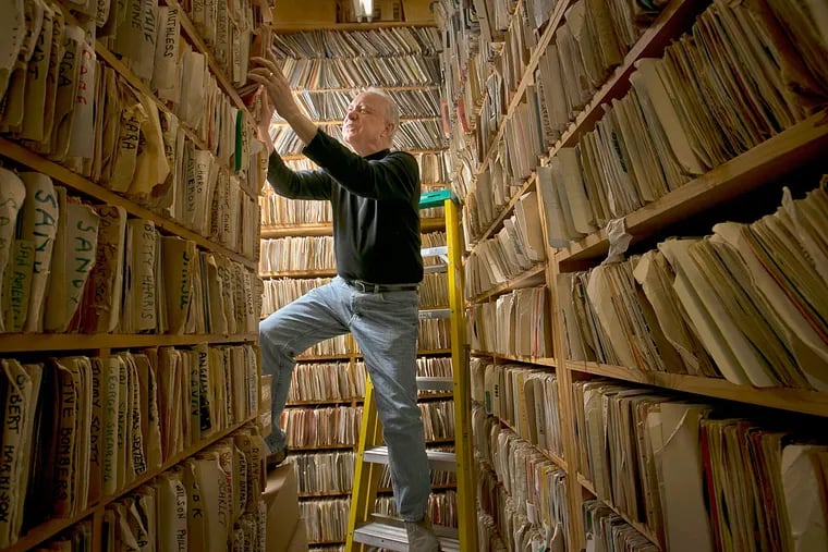 Val Shively keeps his store stacked floor to ceiling with four million records, mostly 45s from the ’50s and early ’60s, specializing in doo-wop music — his own passion.