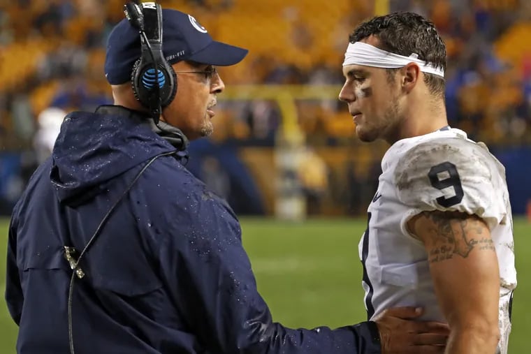 Penn State football coach James Franklin (left) talks with quarterback Trace McSorley during the second half of the Nittany Lions' 51-6 blowout win at Pittsburgh.