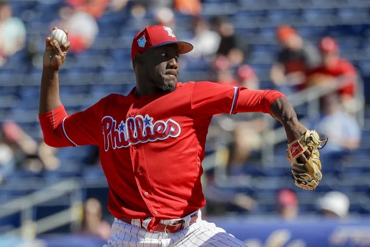 Enyel De Los Santos, pictured in spring training back in March, threw six innings Sunday in  Triple-A Lehigh Valley's loss to Pawtucket. 