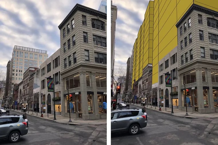 This photo on the left shows the 1500 block of Walnut Street. On the right is an illustration of how much density could be built there.