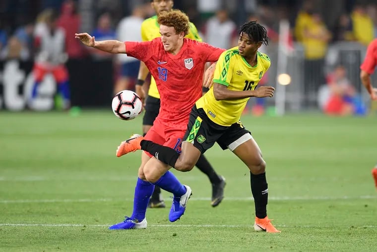 Josh Sargent (left) recorded the U.S. men's soccer team's only shot on goal in Wednesday's 1-0 loss to Jamaica in Washington.