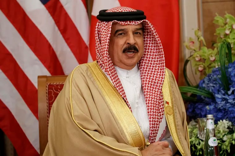 FILE - In this May 21, 2017 file photo, Bahrain's King Hamad bin Isa Al Khalifa speaks during a meeting with U.S. President Donald Trump, in Riyadh, Saudi Arabia.  Saudi Arabia on Tuesday beheaded 37 Saudi citizens in a mass execution across the country for what it described as terrorism-related crimes, publicly pinning one of the bodies and its severed head to a pole as a warning to others. (AP Photo/Evan Vucci, File)